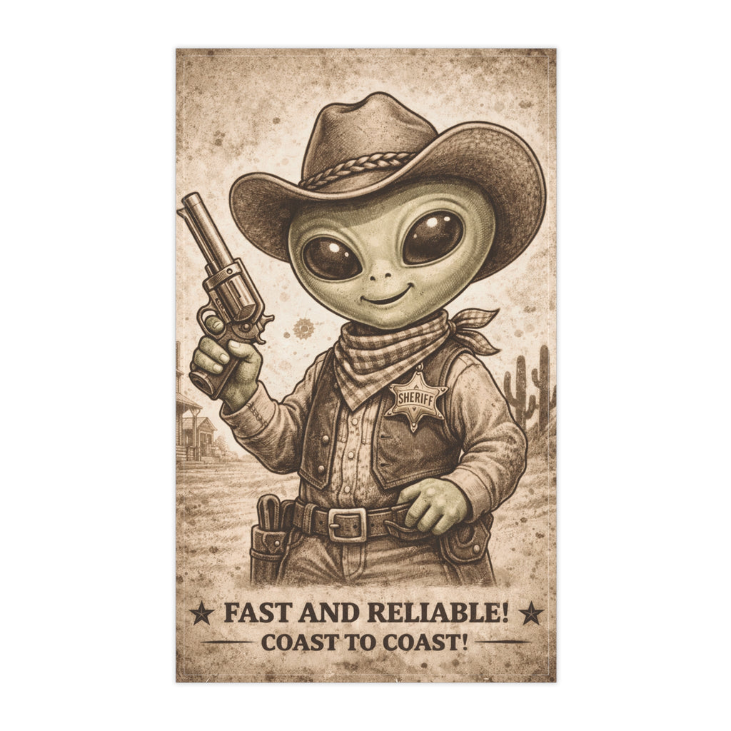 Retro Western Funny Area 51 Alien Sheriff Farmhouse Tea Towel — Design by Leah Quinn©