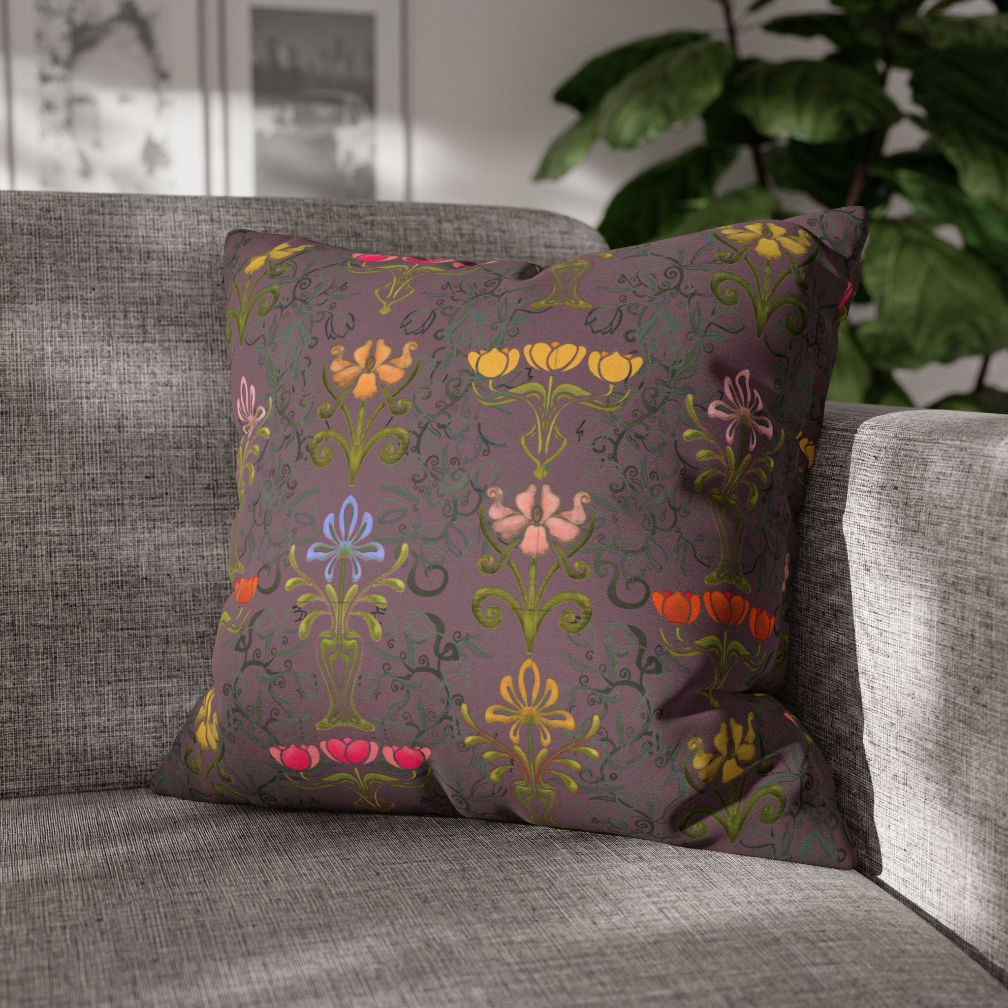 Ornate Floral Tulips in Earth Slate Decorative Square Pillowcase
