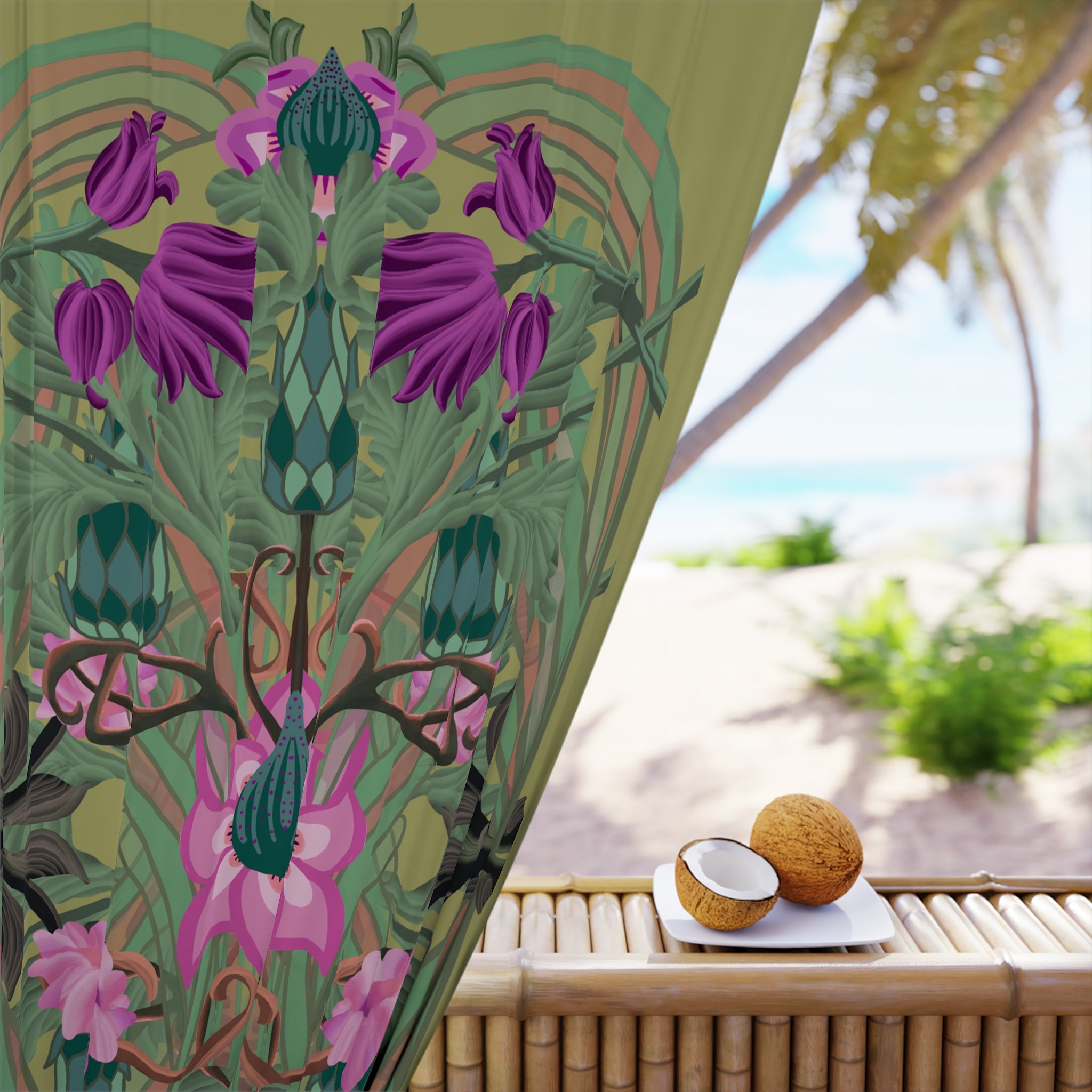 Boho Art Deco Olive Floral Blackout Curtain — Single 50x84" Panel