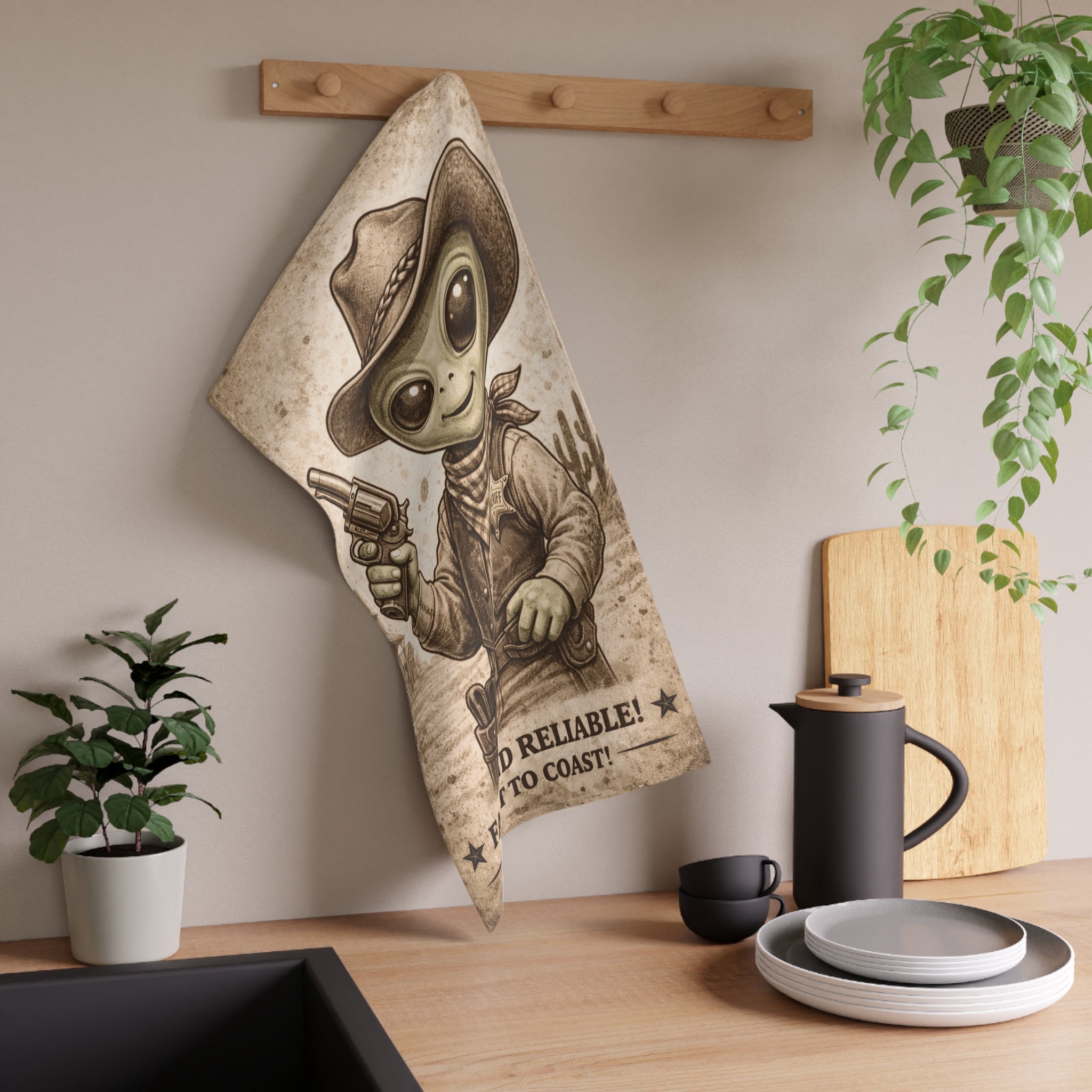 Retro Western Funny Area 51 Alien Sheriff Farmhouse Tea Towel — Design by Leah Quinn©
