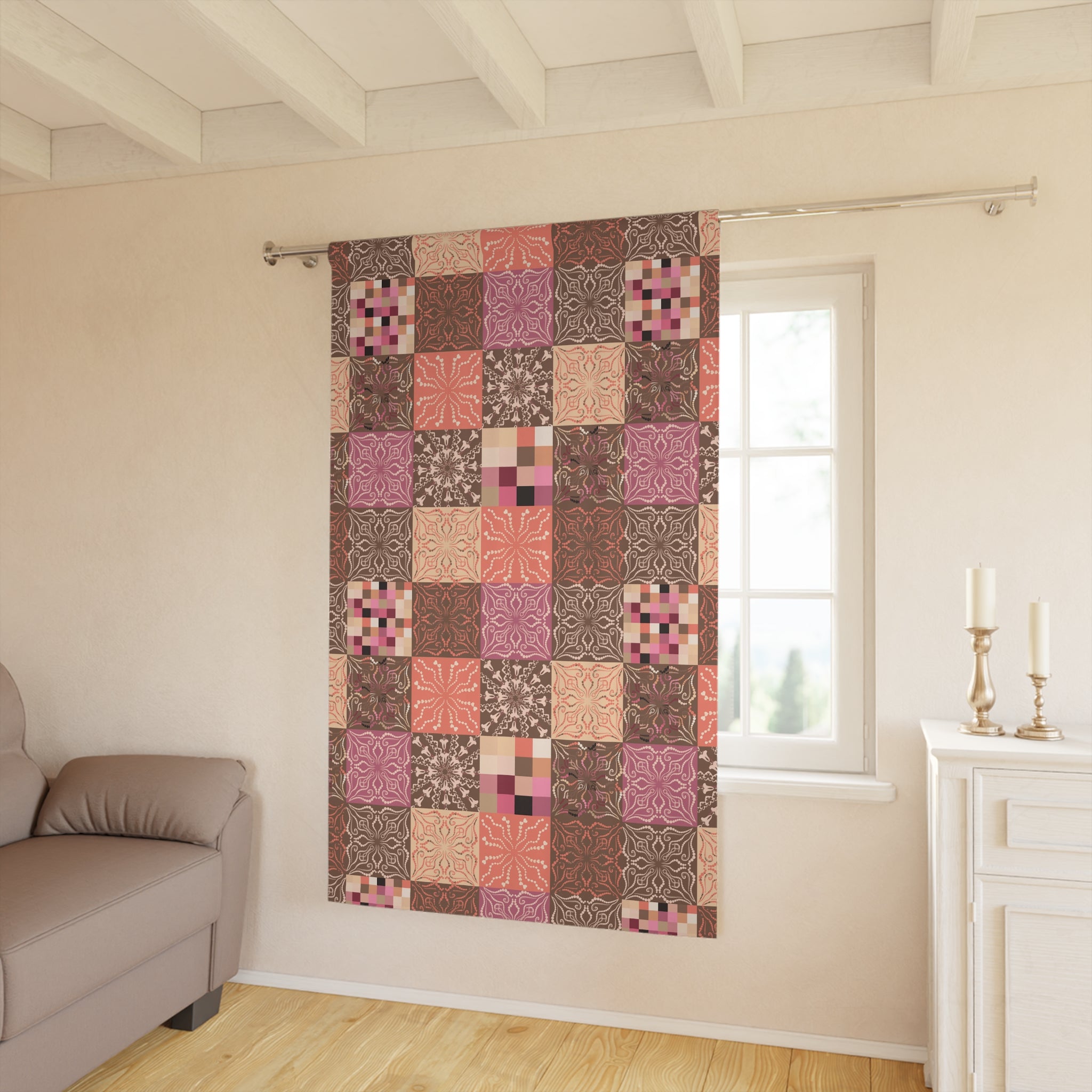 Retro Western Quilt Check Blocks Blackout Curtain — Colorful Single Panel (50x84)