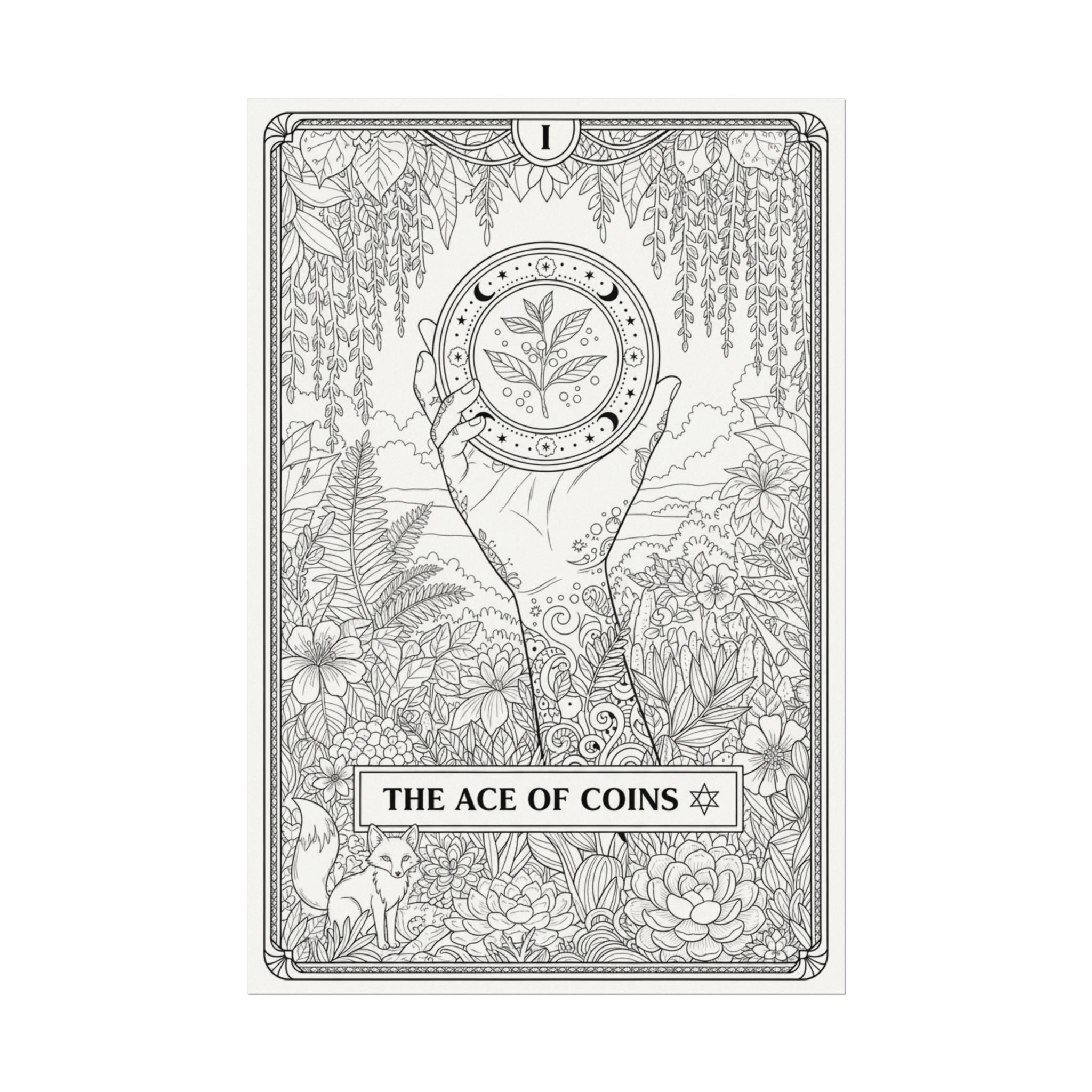 Ace of Coins Tarot Coloring Poster — Large Textured Watercolor Matte Wall Art (16x24, 24x36, 36x54)