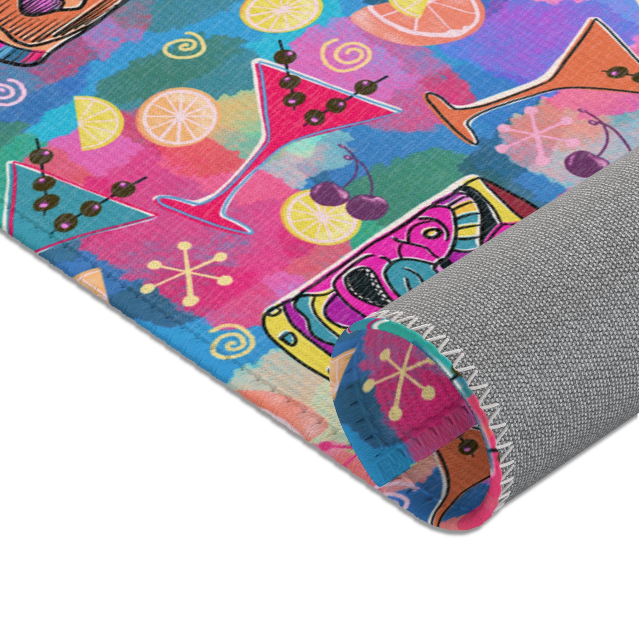 Kitschy Tiki Multicolor Pink Area Rug — Distressed Ornamental Accent Rug for Living Room, She-Sheds & Man Caves