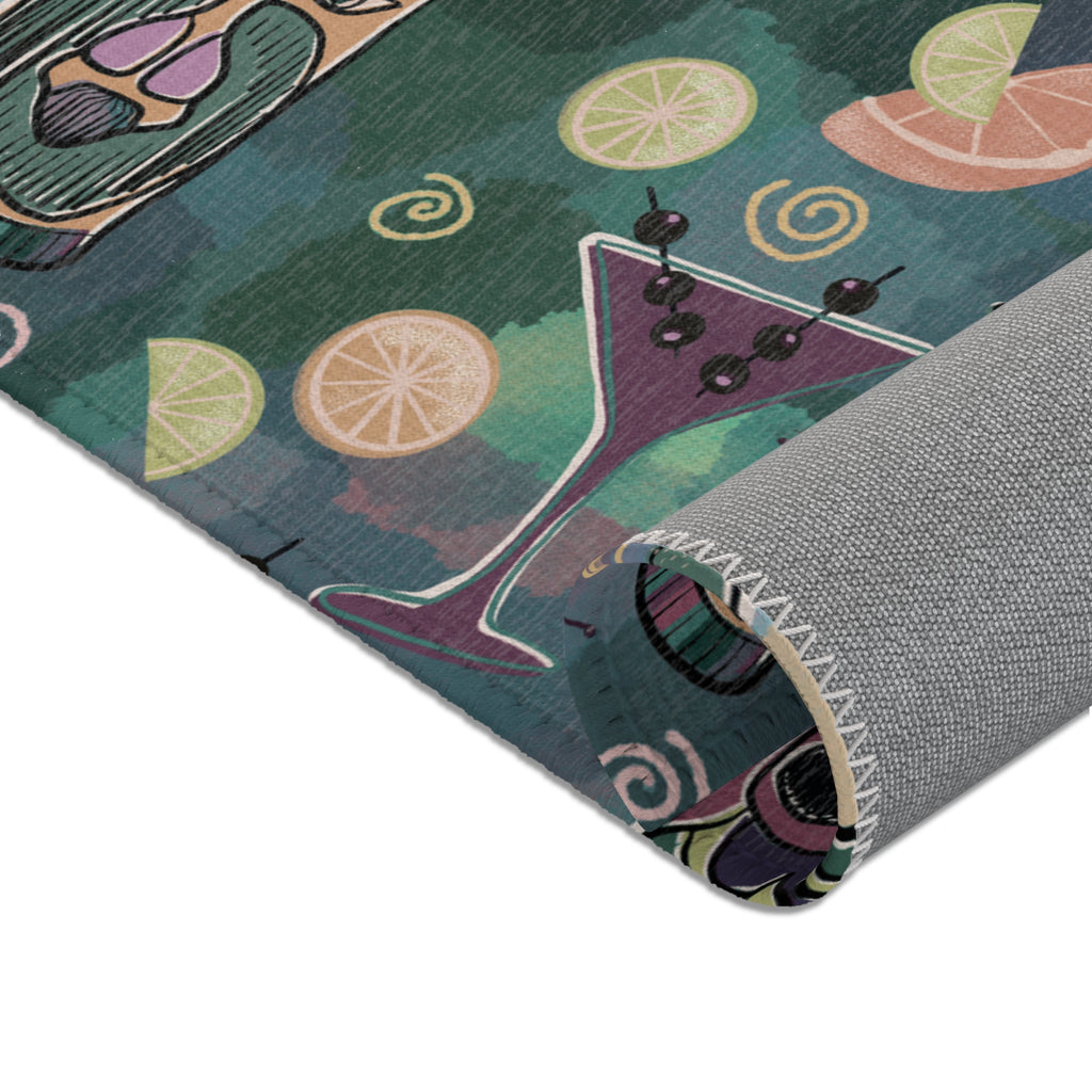 Kitschy Tiki in Pine Green Area Rug — Distressed Ornamental Accent Rug for Living Room, She-Sheds & Man Caves