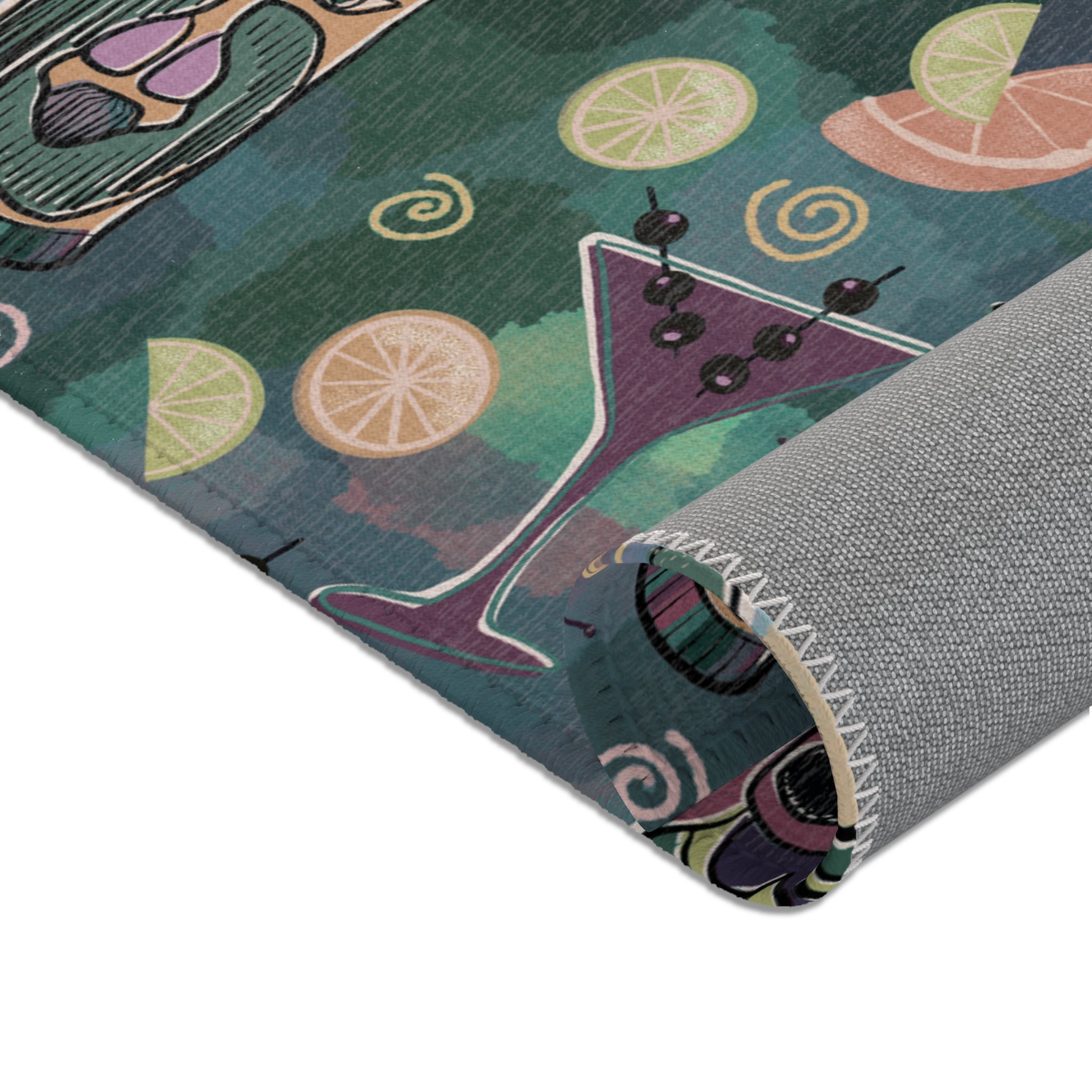 Kitschy Tiki in Pine Green Area Rug — Distressed Ornamental Accent Rug for Living Room, She-Sheds & Man Caves