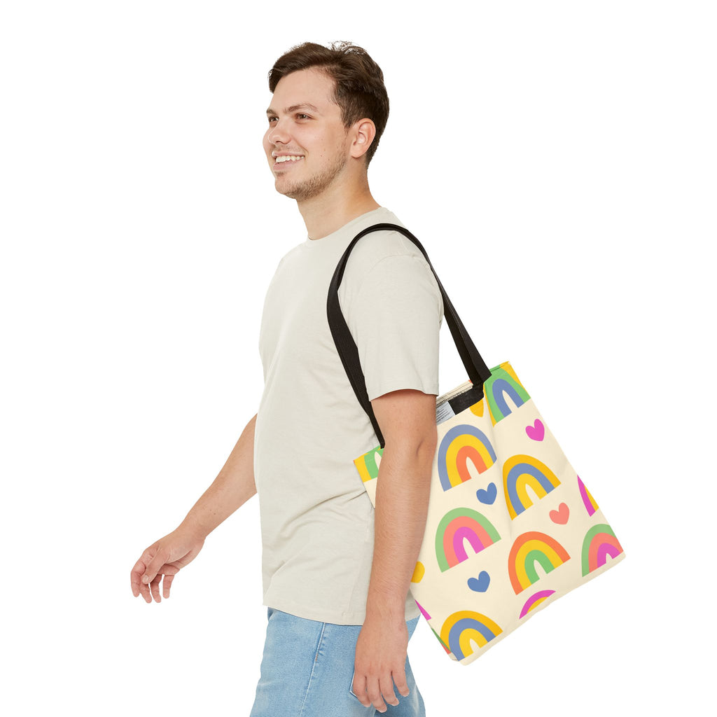 Rainbows & Hearts Tote Bag — Colorful All-Over Print Rainbow Heart Tote