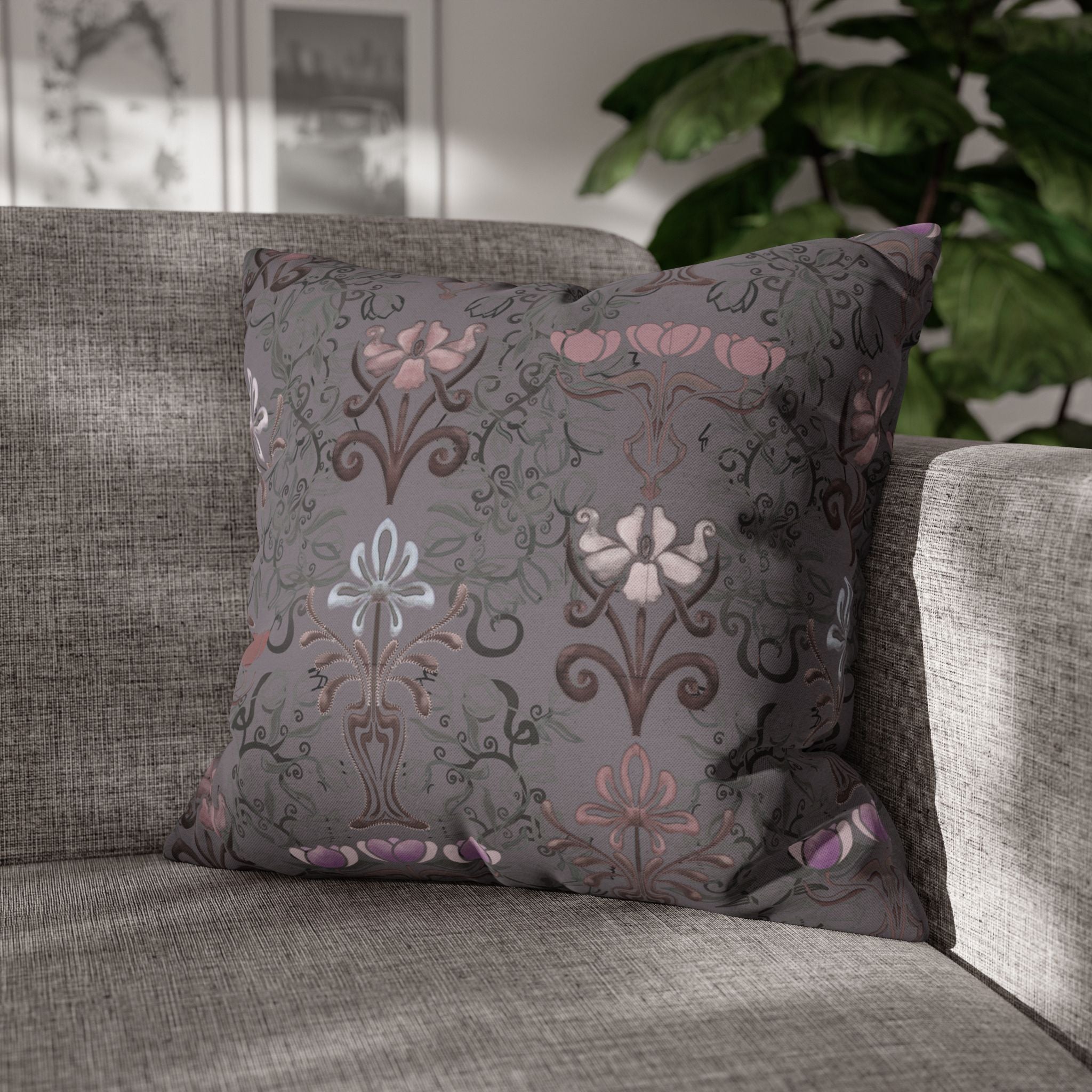 Ornate Floral Purple Tulips on Slate Decorative Square Pillowcase
